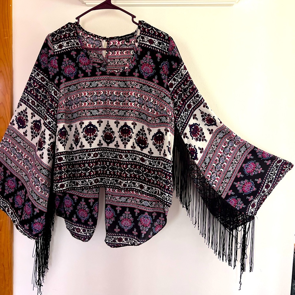 See you Monday, round neck, bell sleeve tassled top, size medium. Sheer, light